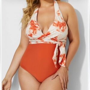 NWT Orange and White Halter Swimsuit
